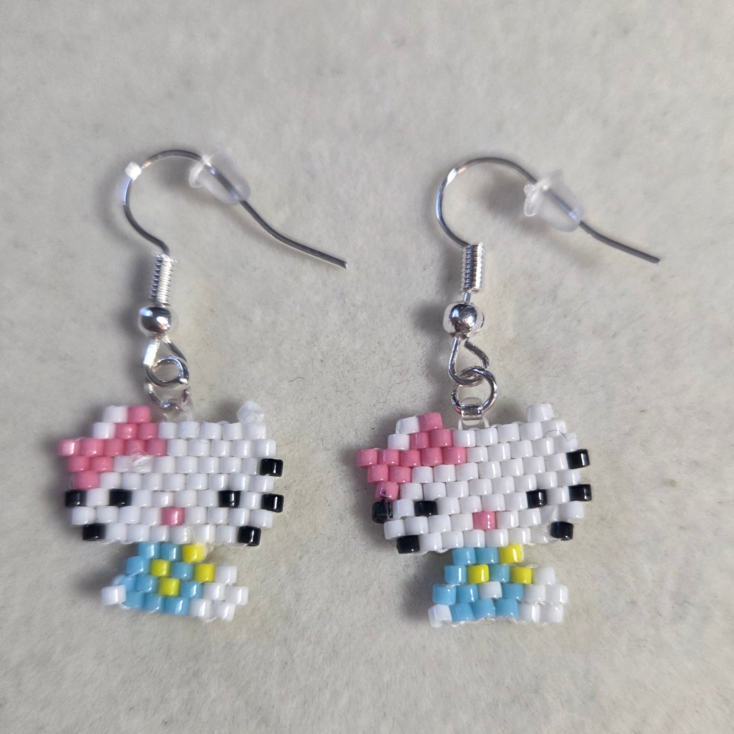 White Kitty Brick Stitch Earrings